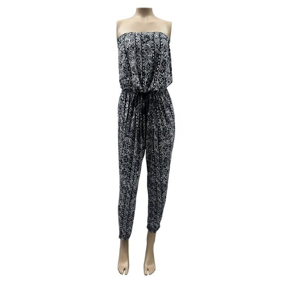 Ambiance Strapless Black White Geometric Print Jumpsuit Drawstring Waist‎ Large - Picture 1 of 12